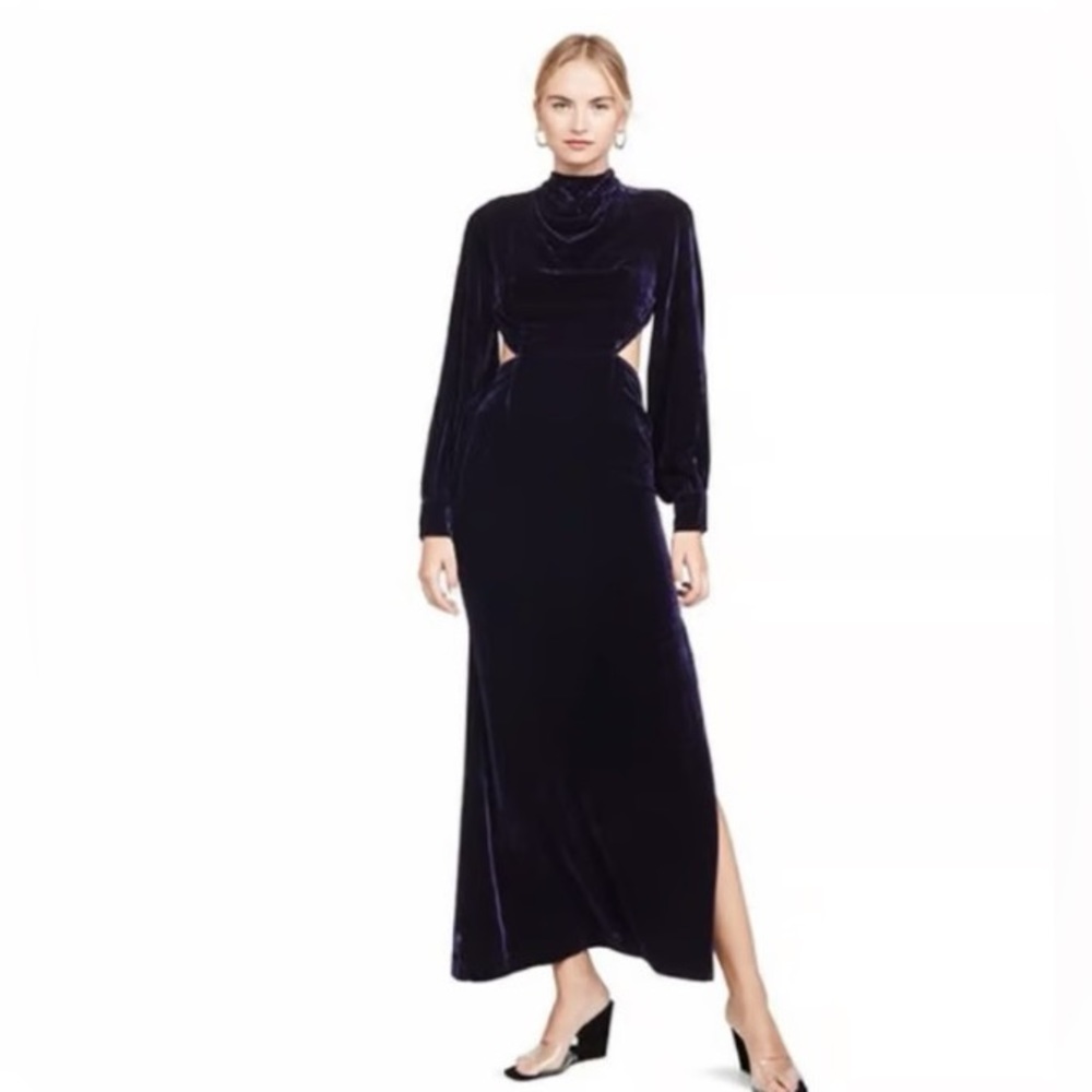 Fake and partners navy blue velvet long sleeve and open back gown